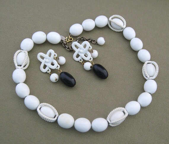 Nautical Vintage Monet White Bead Necklace Earrings Set