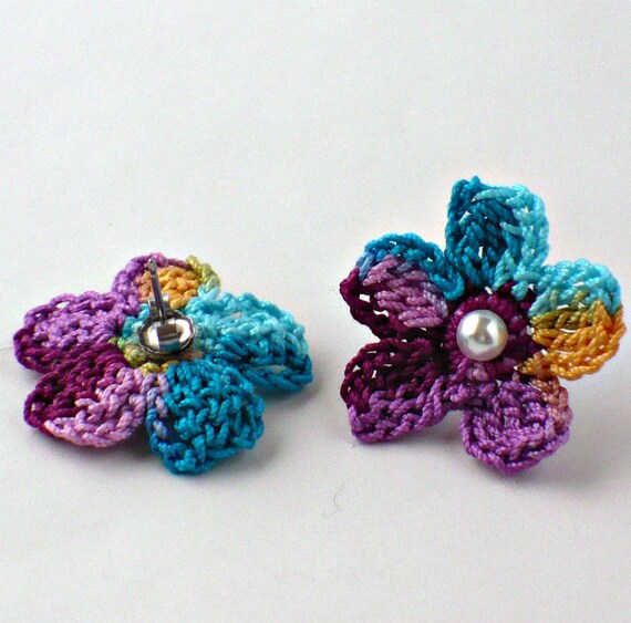 Crochet Earrings Flower Stud Earrings Hypoallergenic Dark Teal Berry Purple Orange Turquoise