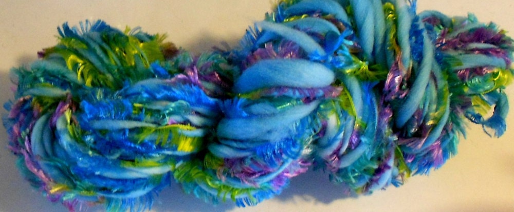 Handspun Yarn, Handspun Art Yarn, Bulky Yarn, Furry Teal, 64 yards