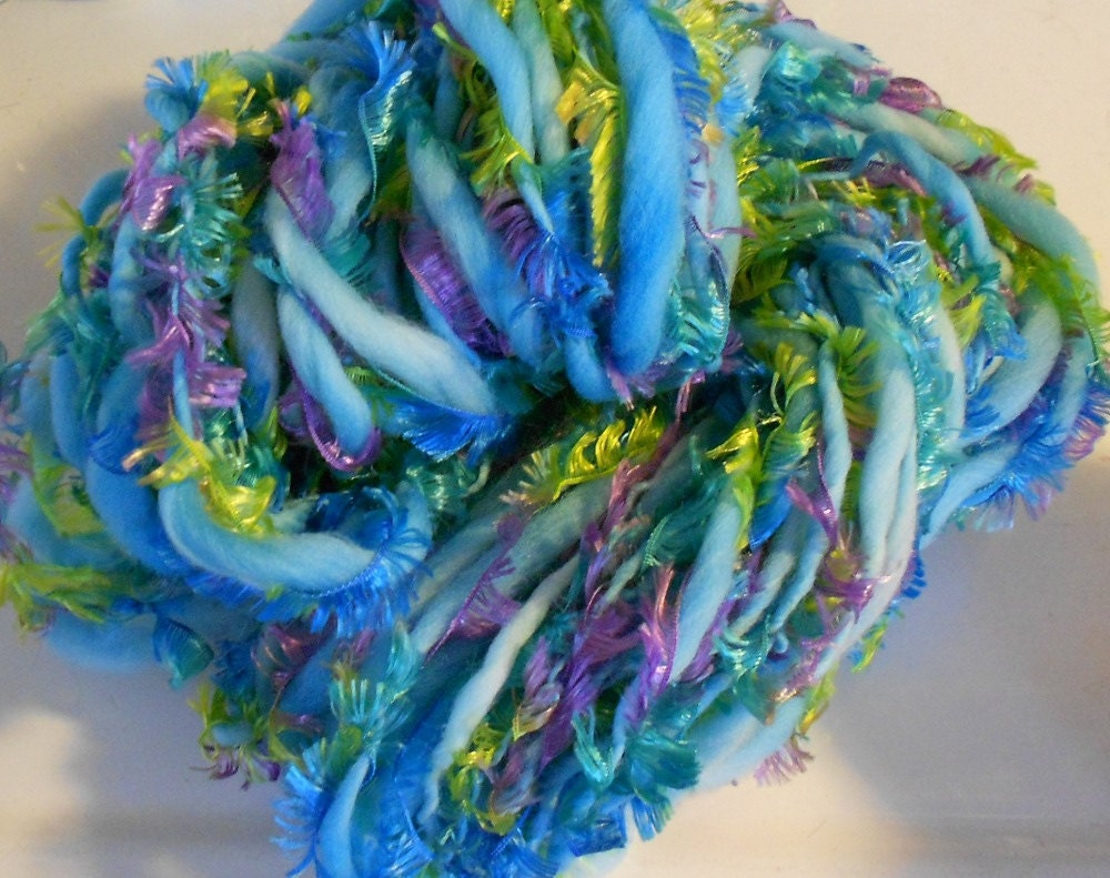 Handspun Yarn, Handspun Art Yarn, Bulky Yarn, Furry Teal, 64 yards