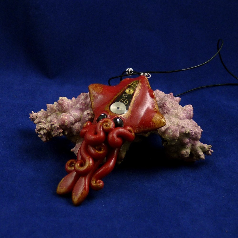 Gilded Steampunk Squid Necklace - Polymer Clay Jewelry