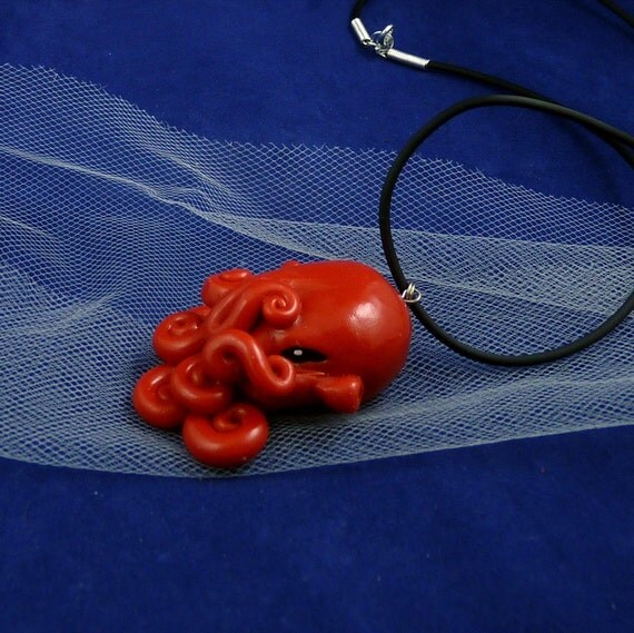 Crimson Octopus Necklace - Handmade Polymer Clay Jewelry