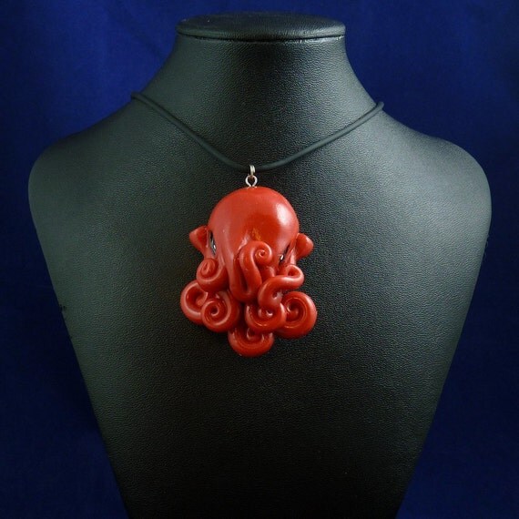 Crimson Octopus Necklace - Handmade Polymer Clay Jewelry