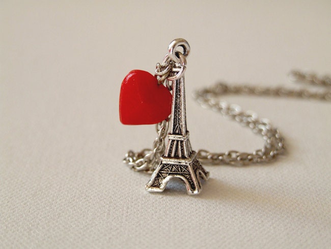 I Love Paris - Eiffel Tower charm and red heart on antique silver chain - whimsical, funky