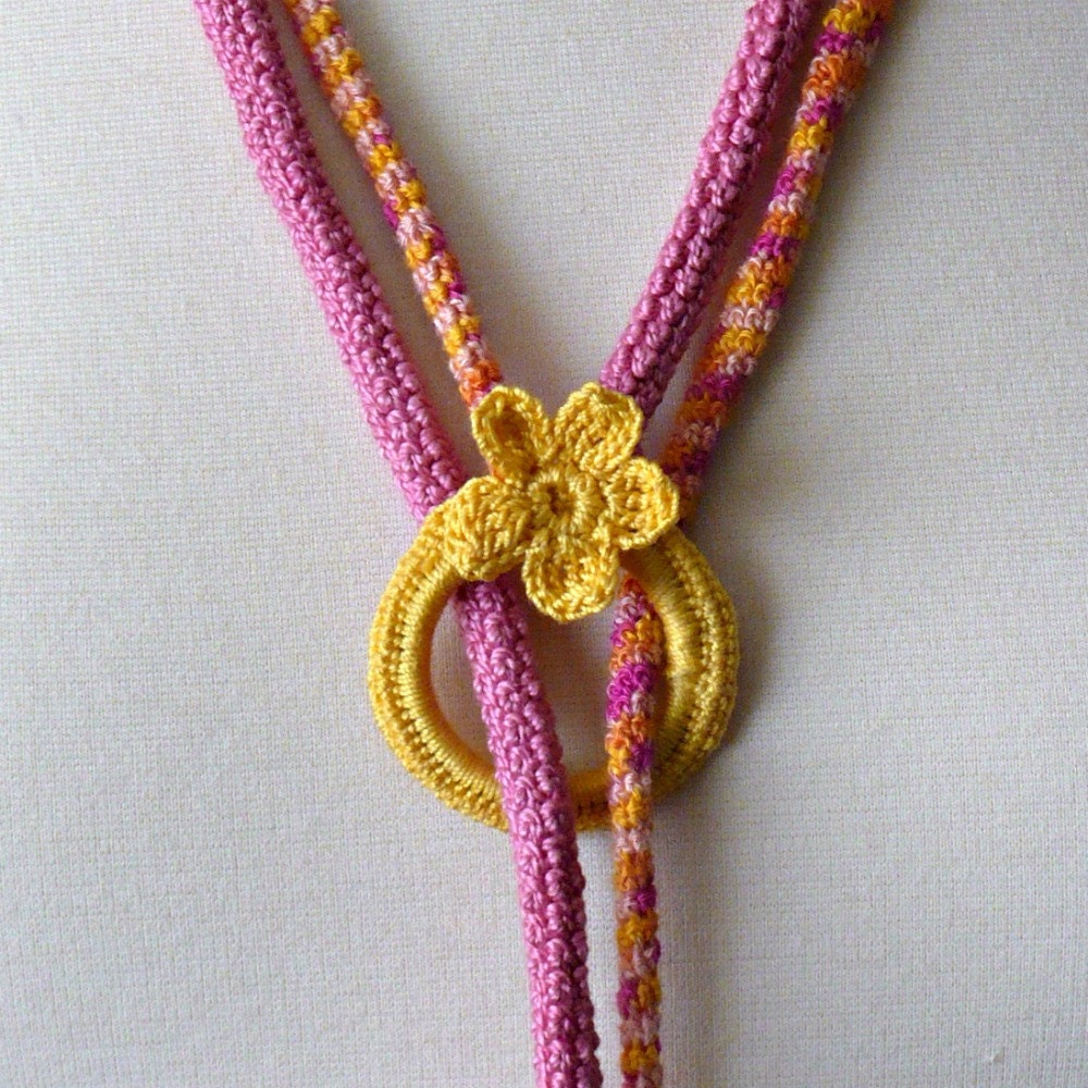 Crochet Necklace Lariat  Fuchsia Orange Yellow