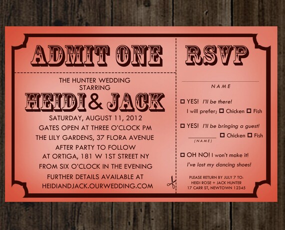  Pink Red Admit One Vintage Movie Ticket Rustic Wedding Invitation