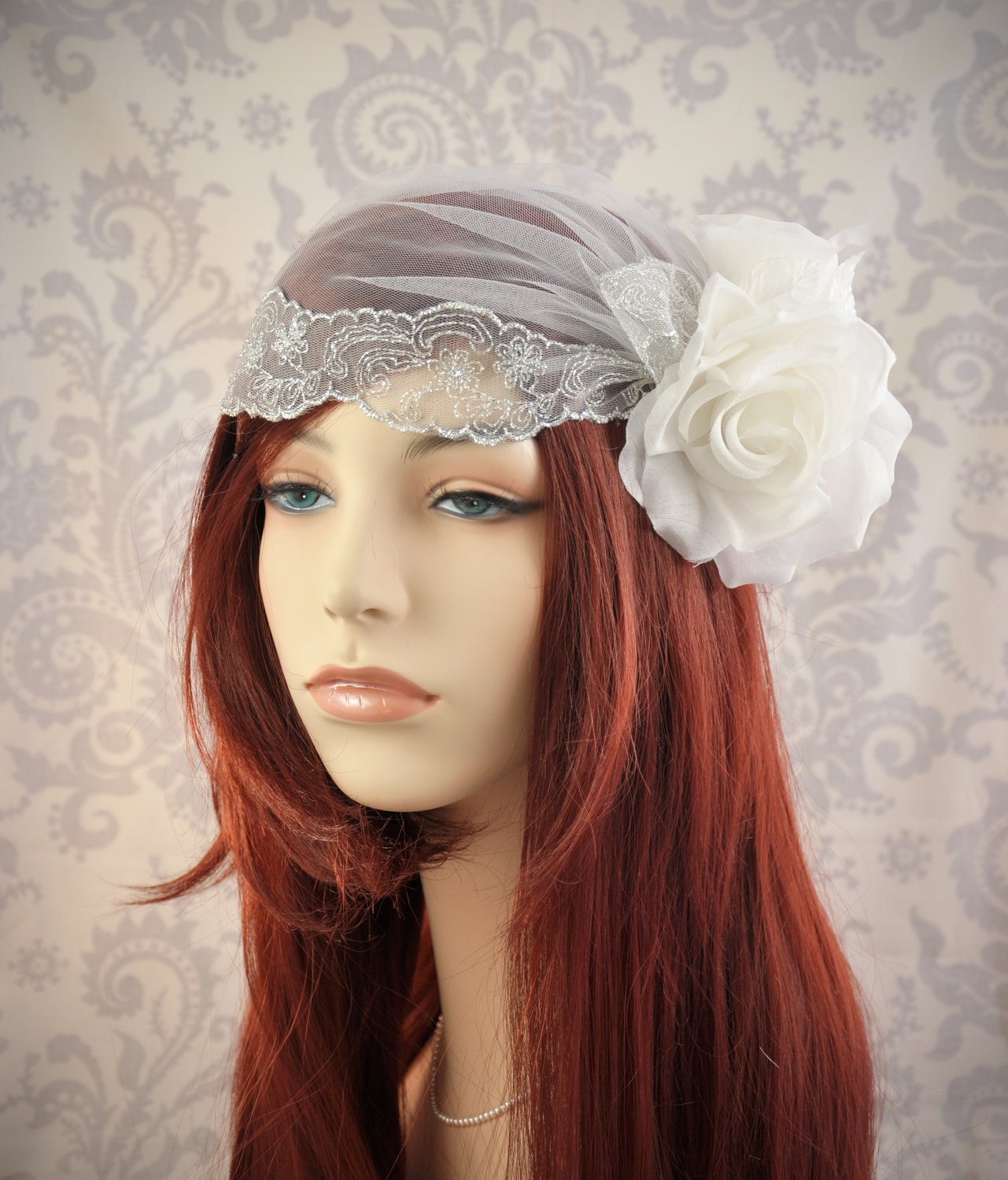 Lace Cap Bridal Cap Veil with Flowers Silver and White Wedding Veil 