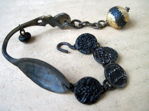Quietus. Spoon and Button Recycle Victorian Tribal Assemblage Bracelet.