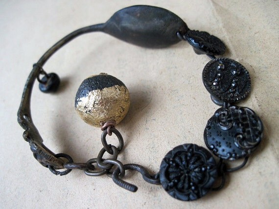 Quietus. Spoon and Button Recycle Victorian Tribal Assemblage Bracelet.