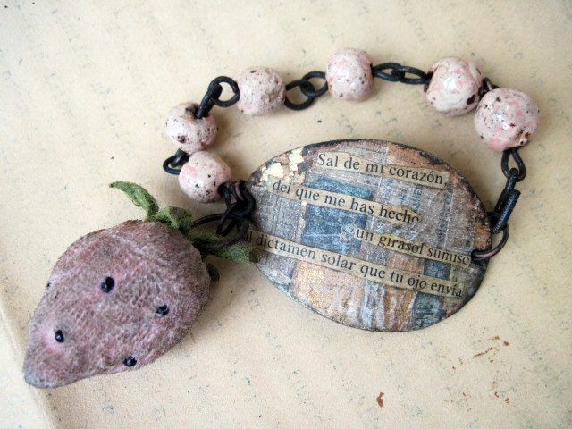 Out of my Heart. Rustic Pink Assemblage Bracelet Velvet Strawberry and Collage.