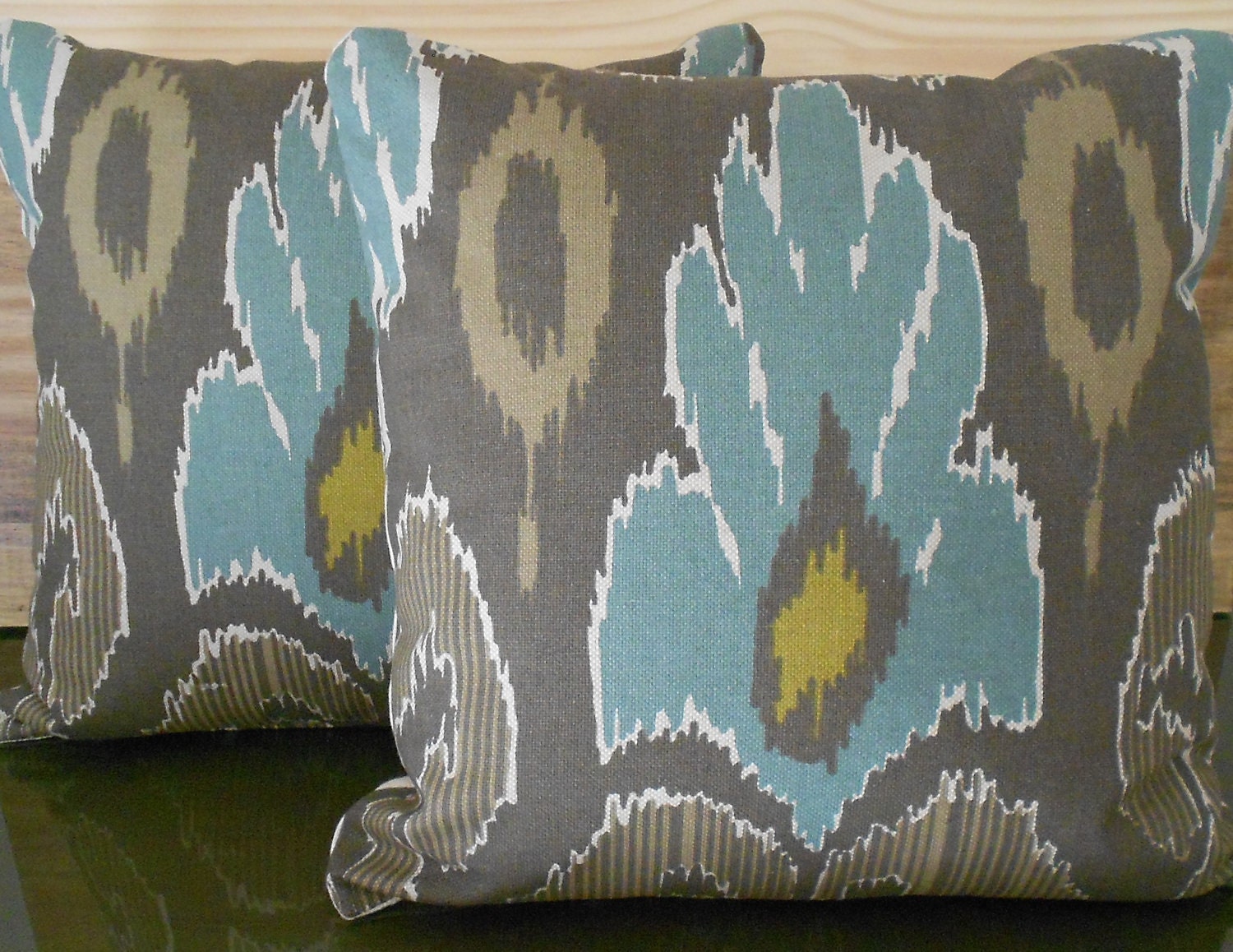Pair of Ikat decorative pillow covers, spa teal blue, brown and grey, throw pillows