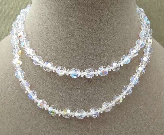 Long Vintage Crystals Aurora Borealis Bead Necklace