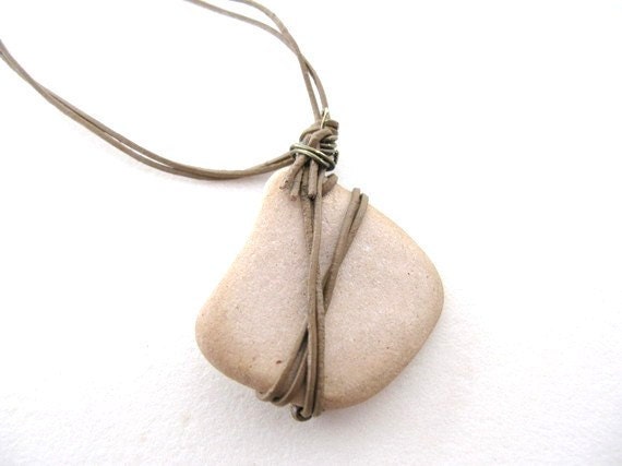 Beach Ceramic Pendant unisex tan and leather