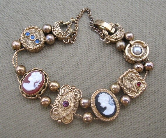 Victorian Theme Vintage Slide Bracelet Cameo Rhinestone
