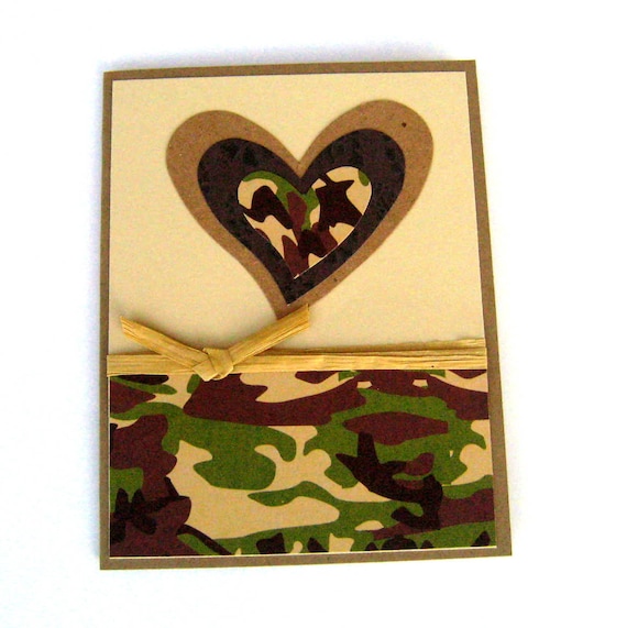 Handmade Masculine Valentine Card or Love Card Green and Brown Camoflauge Heart