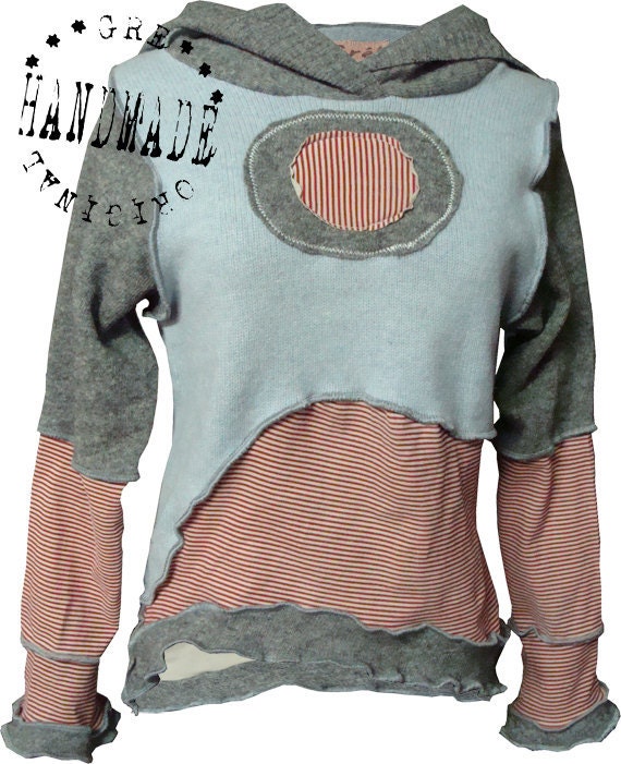 SWEET SWEATER size S Made from recycled sweaters, reuse, recycle, upcycle, eco friendly - light blue, light grey and a cream....