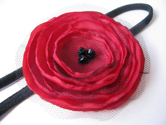 Fabric Poppy Headband - Red with black net, with glass beads