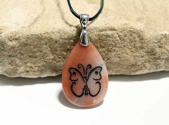 Butterfly - Transformation, Love and Soul - Engraved Stone Pendant - Oregon Picture Jasper