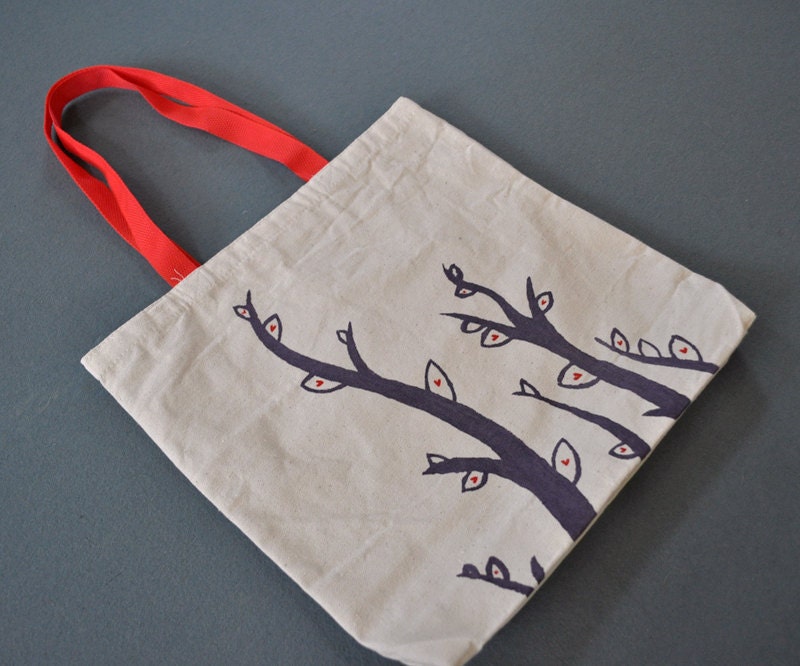 Valentine Vines: Purple Vines with Red Hearts Printed on Natural Tote Bag - Valentine's Day