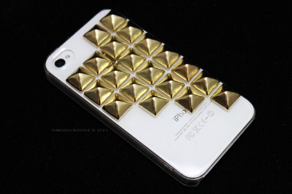 FREE Shipping US -- Gold Large Studs iPhone 4 4S Clear Studded Phone Case AT&T Verizon Sprint