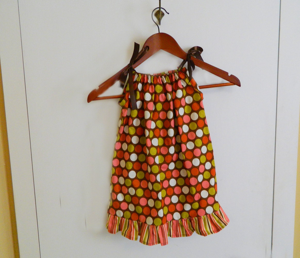 Toddler Dress - Pink & Brown Dots and Stripes - made to order  24 months 2t 3t 4t 5t