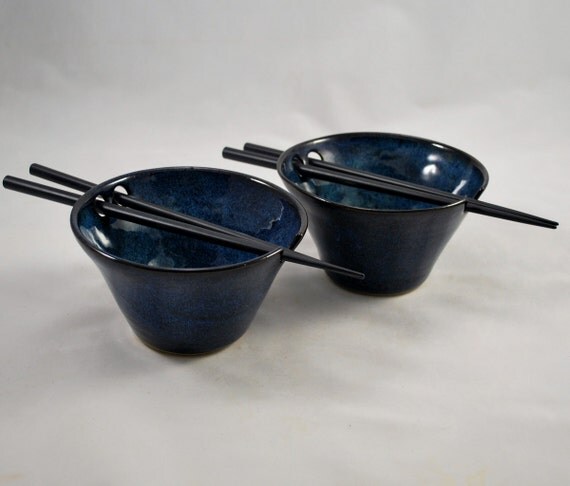 Set of Two Coblat Blue Rice Bowls with Chopstick Rest