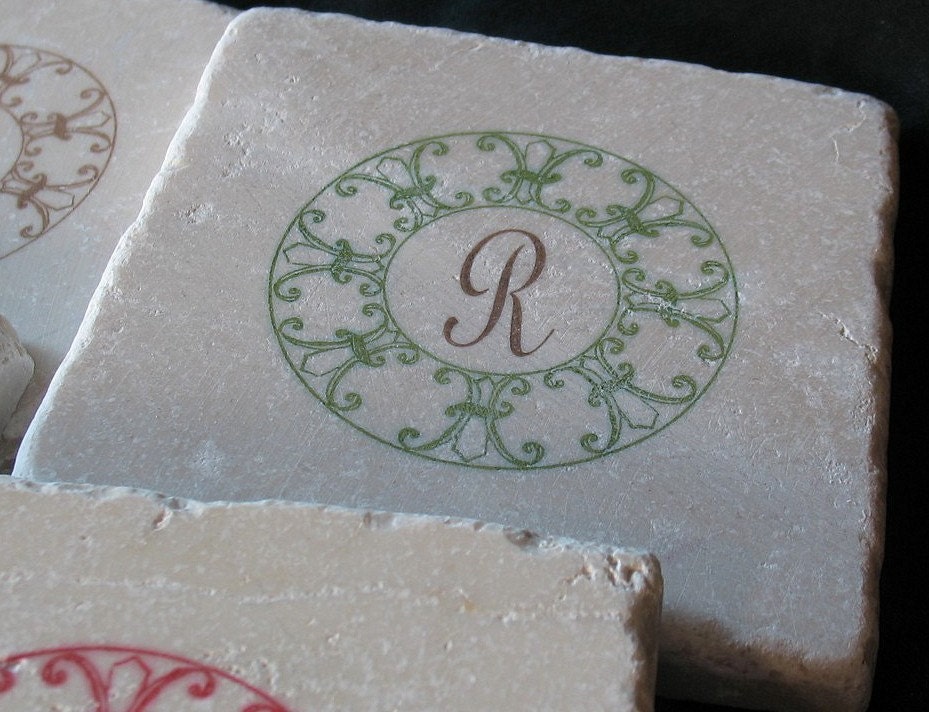 Green Monogram Fleur de Lis Circular Coasters, Set of 4
