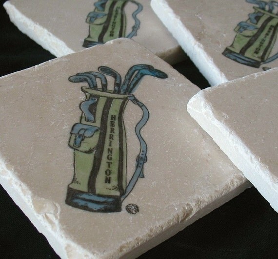 Personalized Golf Bag Tile Coasters, Set of 4