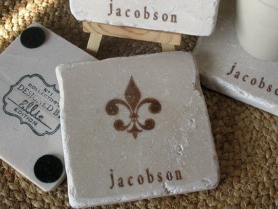 Tile Drink Coasters, Personalized Fleur de Lis, Set of 4