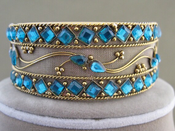 Blue Rhinestone Wire Work Bangle Bracelet Vintage