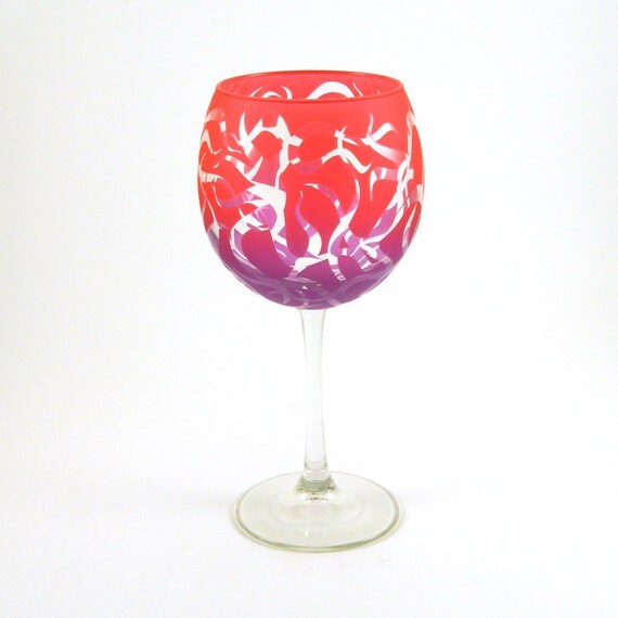 Painted Wine Glass - Chaos Weave - Red and Purple - Custom Painted and Etched Glassware