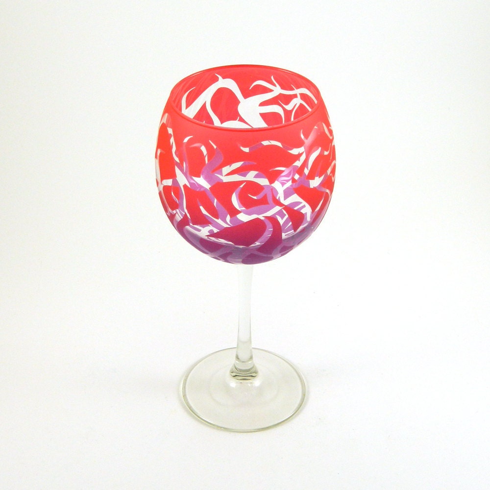 Painted Wine Glass - Chaos Weave - Red and Purple - Custom Painted and Etched Glassware