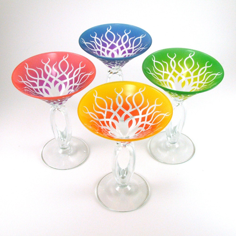Omega Martini Glasses - Strands - Assorted Color Set of 4 - Etched and Painted Glassware