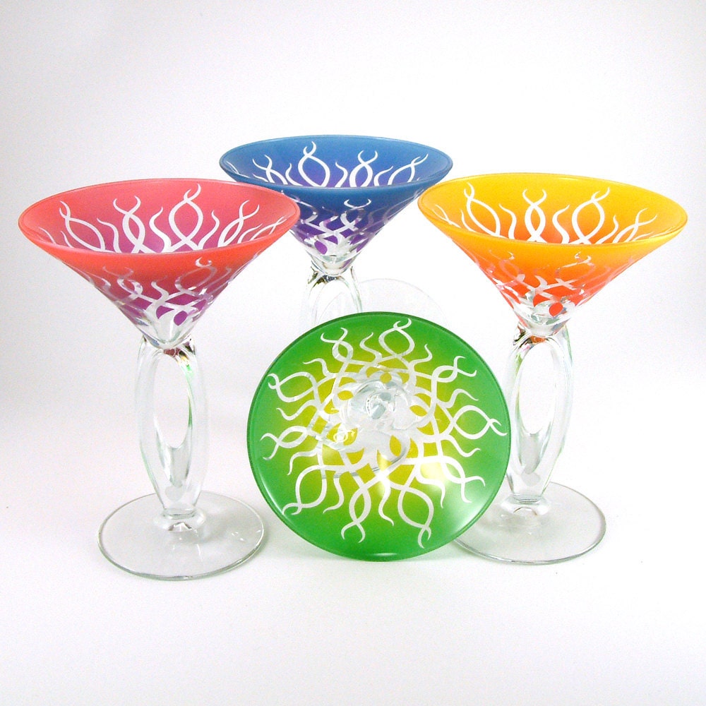 Omega Martini Glasses - Strands - Assorted Color Set of 4 - Etched and Painted Glassware