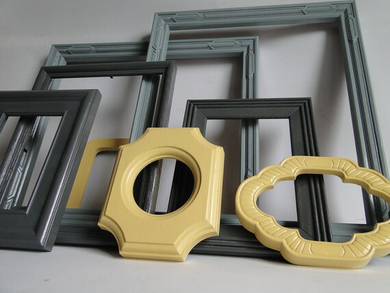 Frame set collection gallery wall mirrors yellow gray white "City Lights V"