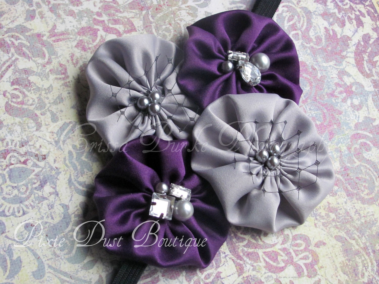 READY2SHIP-Purple and silver poppy headband-infant/toddler/preschooler
