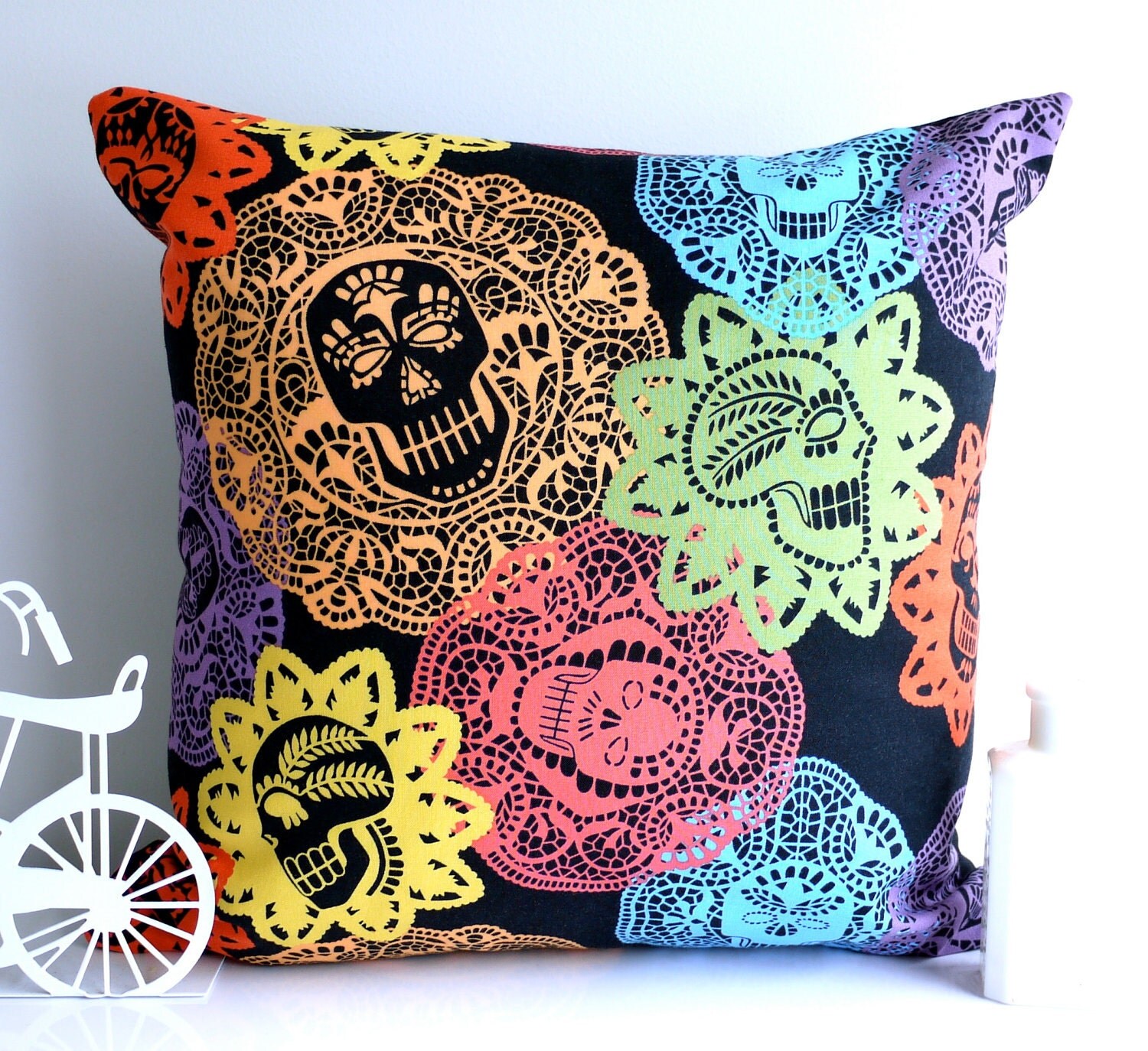 Skull cushion skull pillow colorful throw pillow retro pillow Alexander Henry papel bonito day of the dead purple pillow doily black cushion