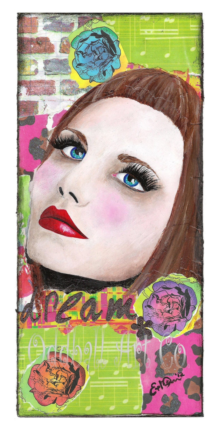 8x12 Mixed Media Reproduction Print Portrait Beautiful Girl Music Notes Brick Wall Flowers Day Dream Dreamy Fantasy - Dreamer EAWT