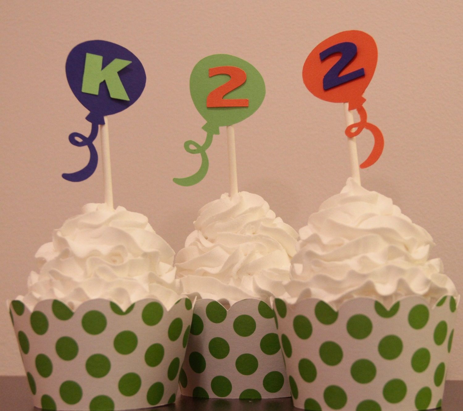 Personalized Balloon Cupcake Toppers - Blue, Green and Orange