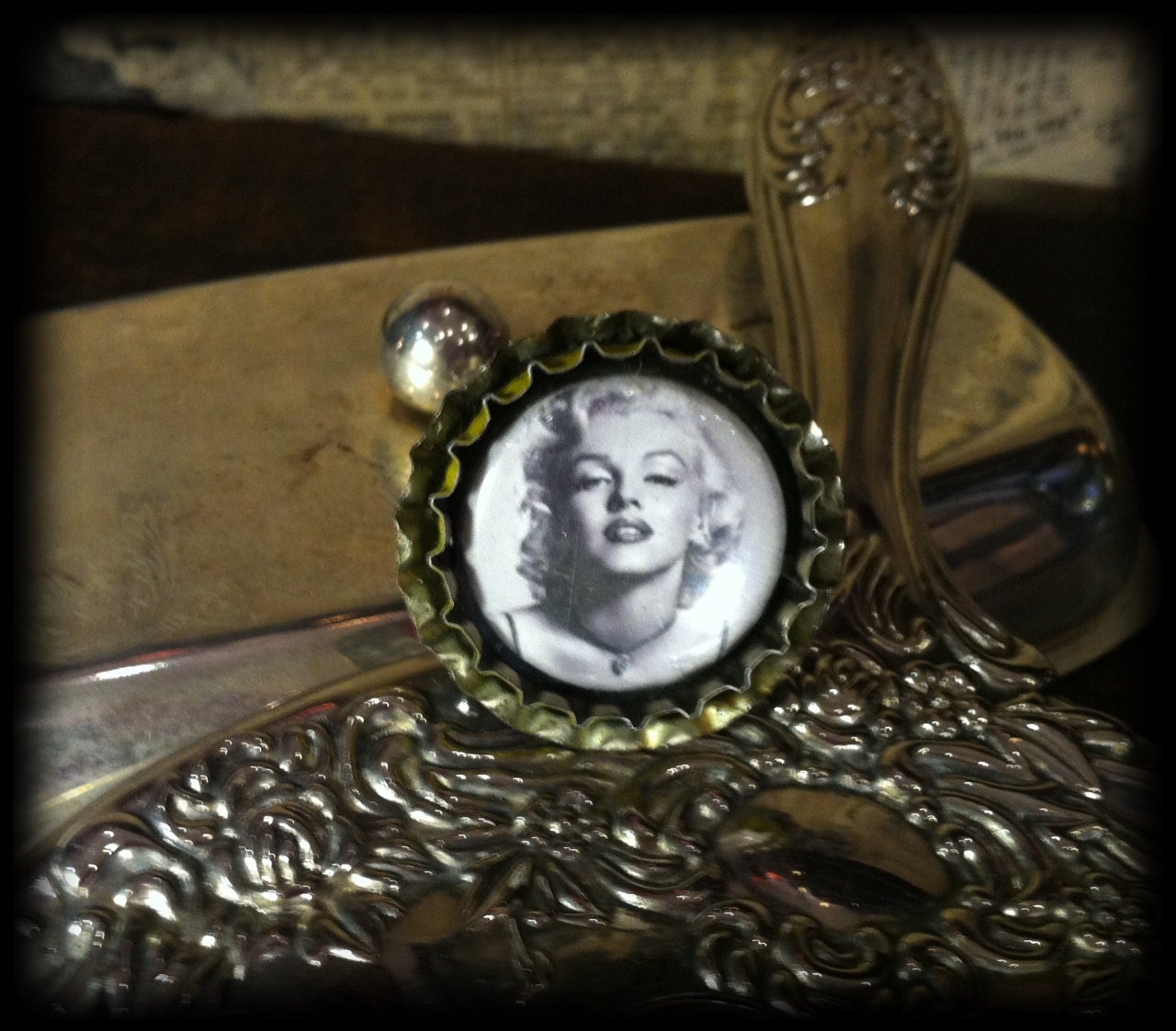 Black and White Marilyn Monroe bottle cap brooch by Wild Card Accoutrements