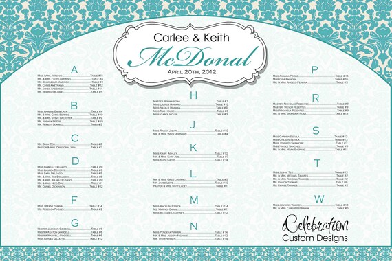 On Sale Blue Ornate Wedding Reception Seating Chart FREE RUSH SERVICE