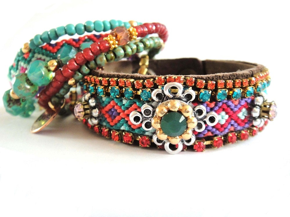 Bohemian hippie friendship bracelet suede cuff - medium width in jewel tones with genuine Swarovski chrystals - gypsy style