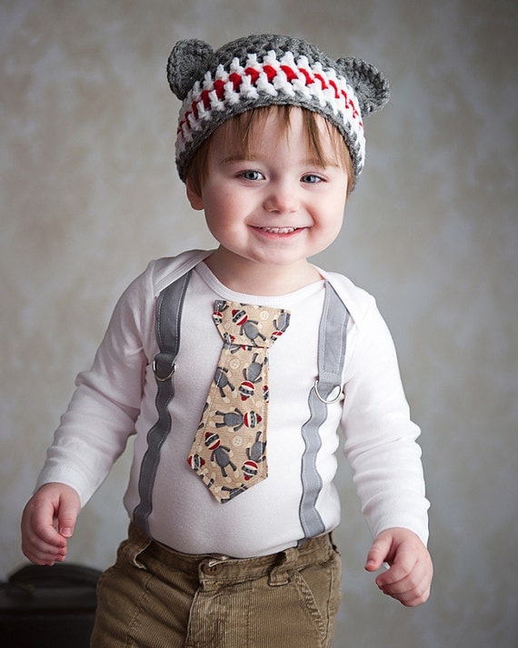 Get The Set - Red and Grey Sock Monkey Boys Tie Onesie or Shirt with Suspenders and Crocheted Sock Monkey Hat - Size NB to 12 YRS