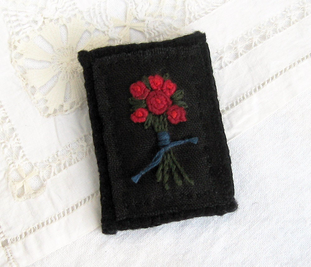 Fabric Brooch Hand Embroidered Red Rose Pin on Black Linen