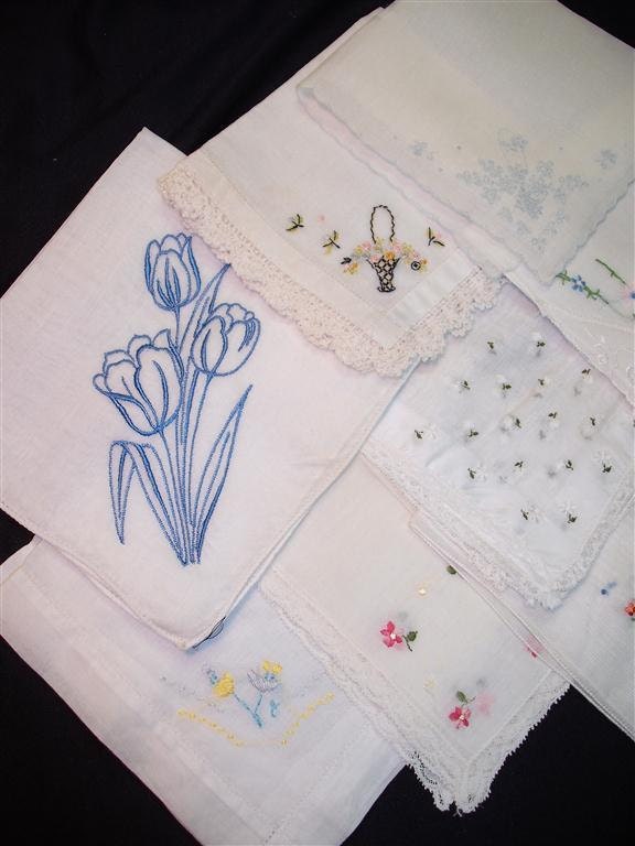 Handkerchiefs - Vintage Embroidered Hanky Grouping of 8 - (J) - Hanky Panky