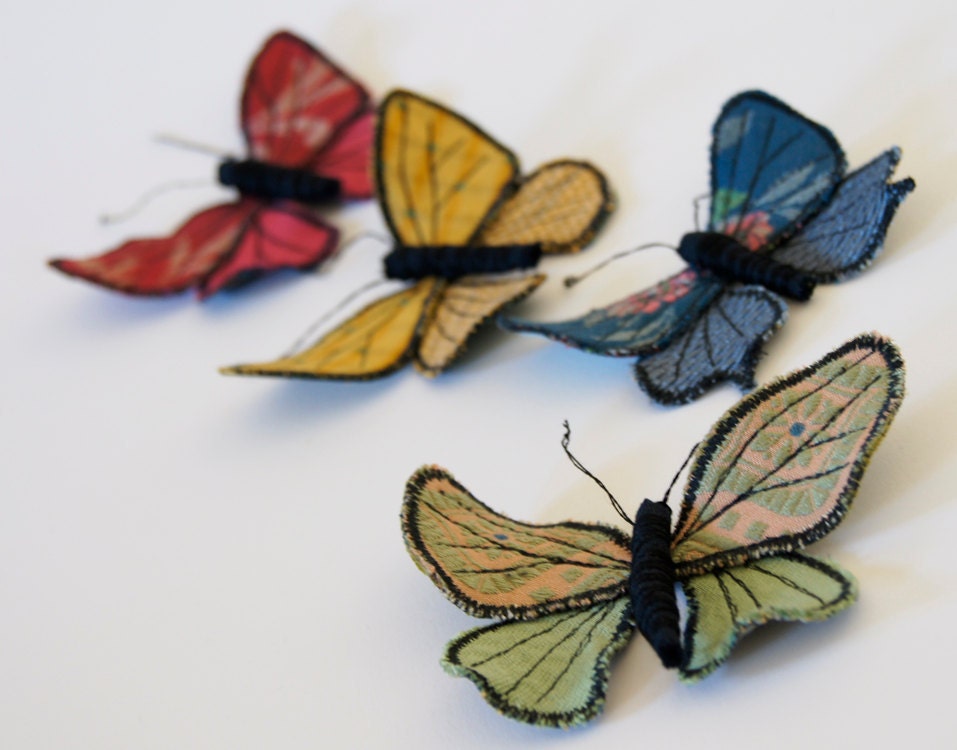 fabric lycaenidae butterfly brooch / ornament green jacquard