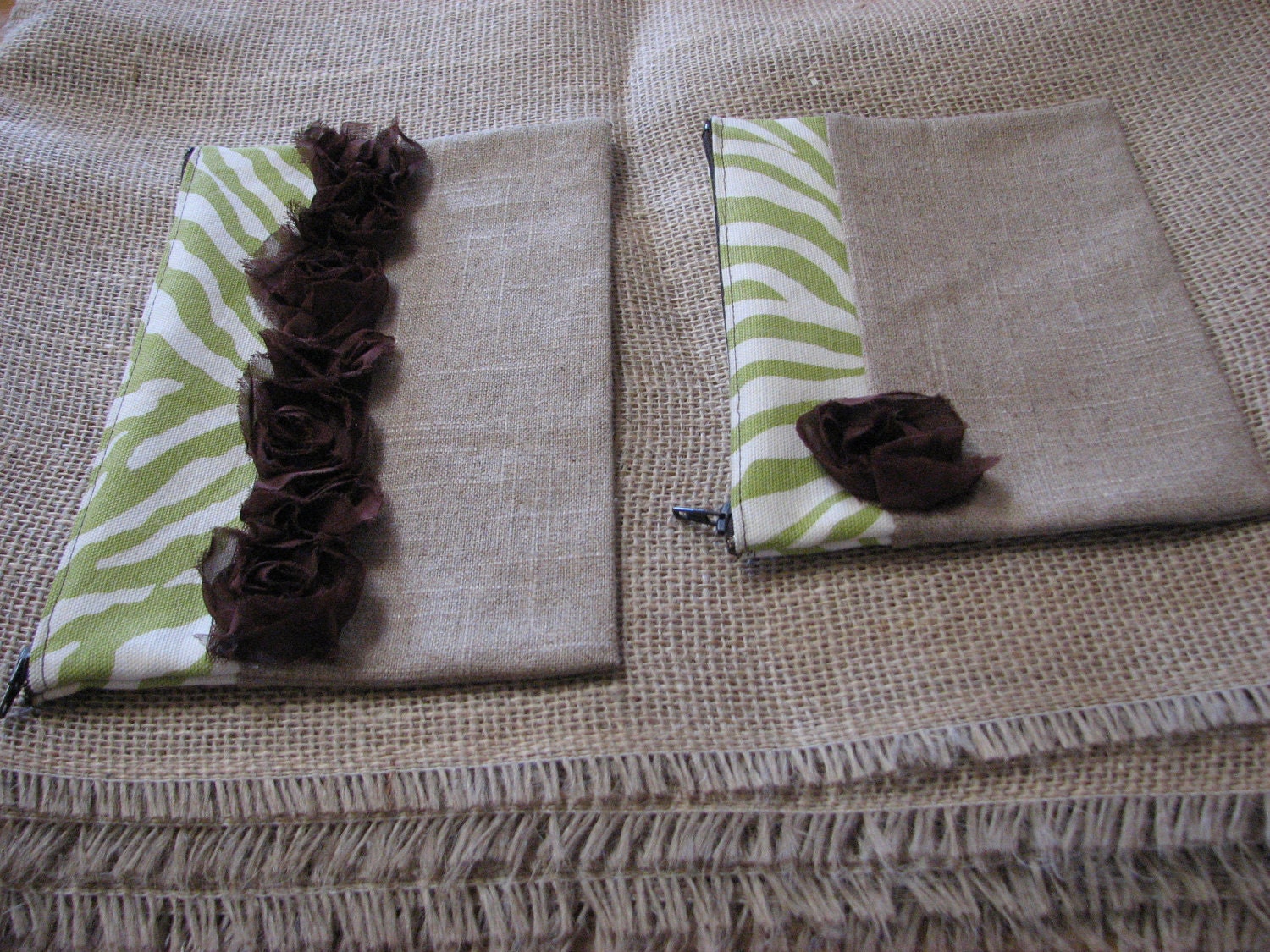 Green Tweed Zebra Stripe Zipper Pouch ( set of two)