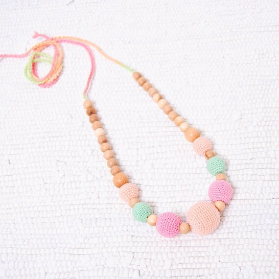 All Natural Jewelry - Nursing Necklace / Teething Necklace - peach, candy pink and mint green, soft pastel colors