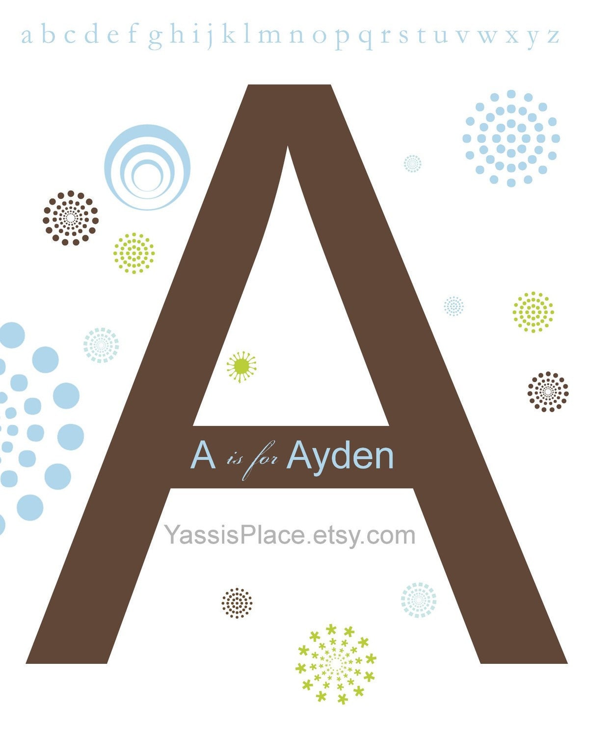 Name Art Print Letter Initial 8x10 in brown, lime green and blue by YassisPlace