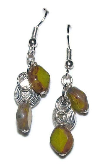beaded earrings - yellow glass bead and silver metal